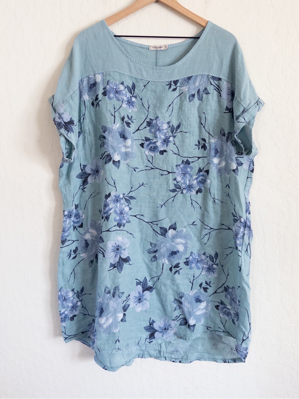 Lungo L’Arno 100% Linen Short Sleeve Dress Plus Size 1X Blue Floral Boho Summer